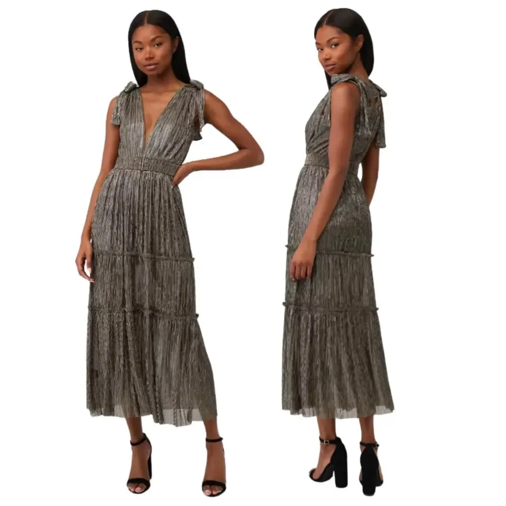 Sabina Musayev Helena Metallic Maxi Dress Tiered Formal Gala Prom Party Hoco S